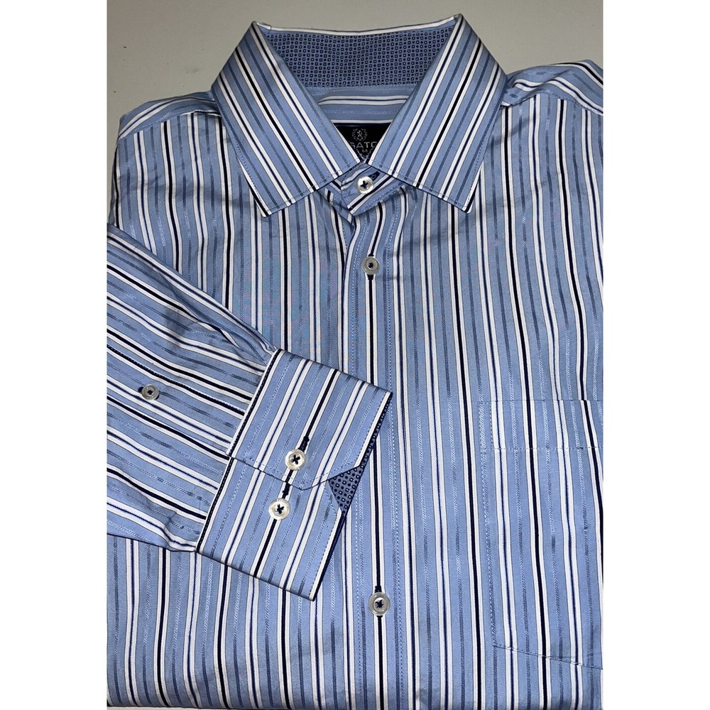 Bugatchi Uomo Men's Sz L Blue & White Striped Cotton Dress Shirt